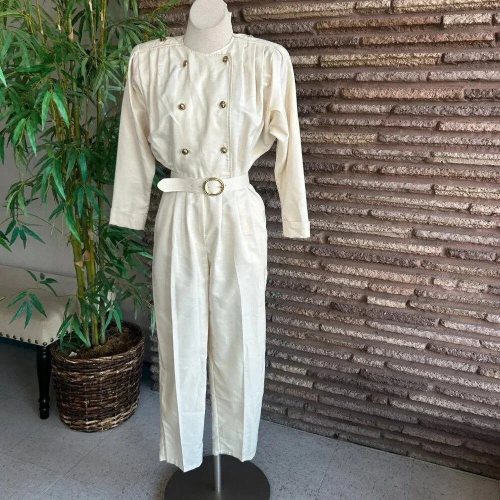 Fauroche by Lori Weidner Vintage 80s Cream Military Jumpsuit Gold Buttons Size 5 - Picture 12 of 12